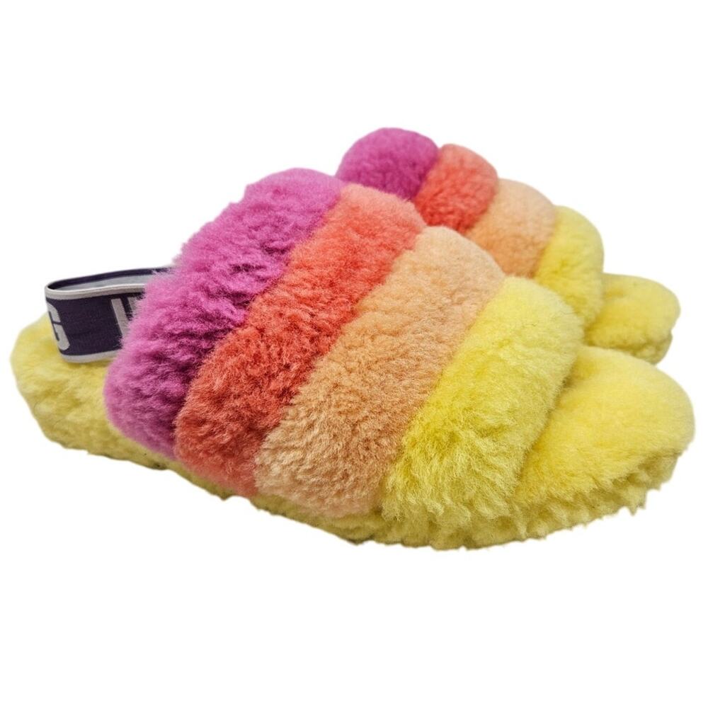 UGG Fluff Yeah Slide 39 Slipper Shearling Rainbow Comfort Warm Pink Striped